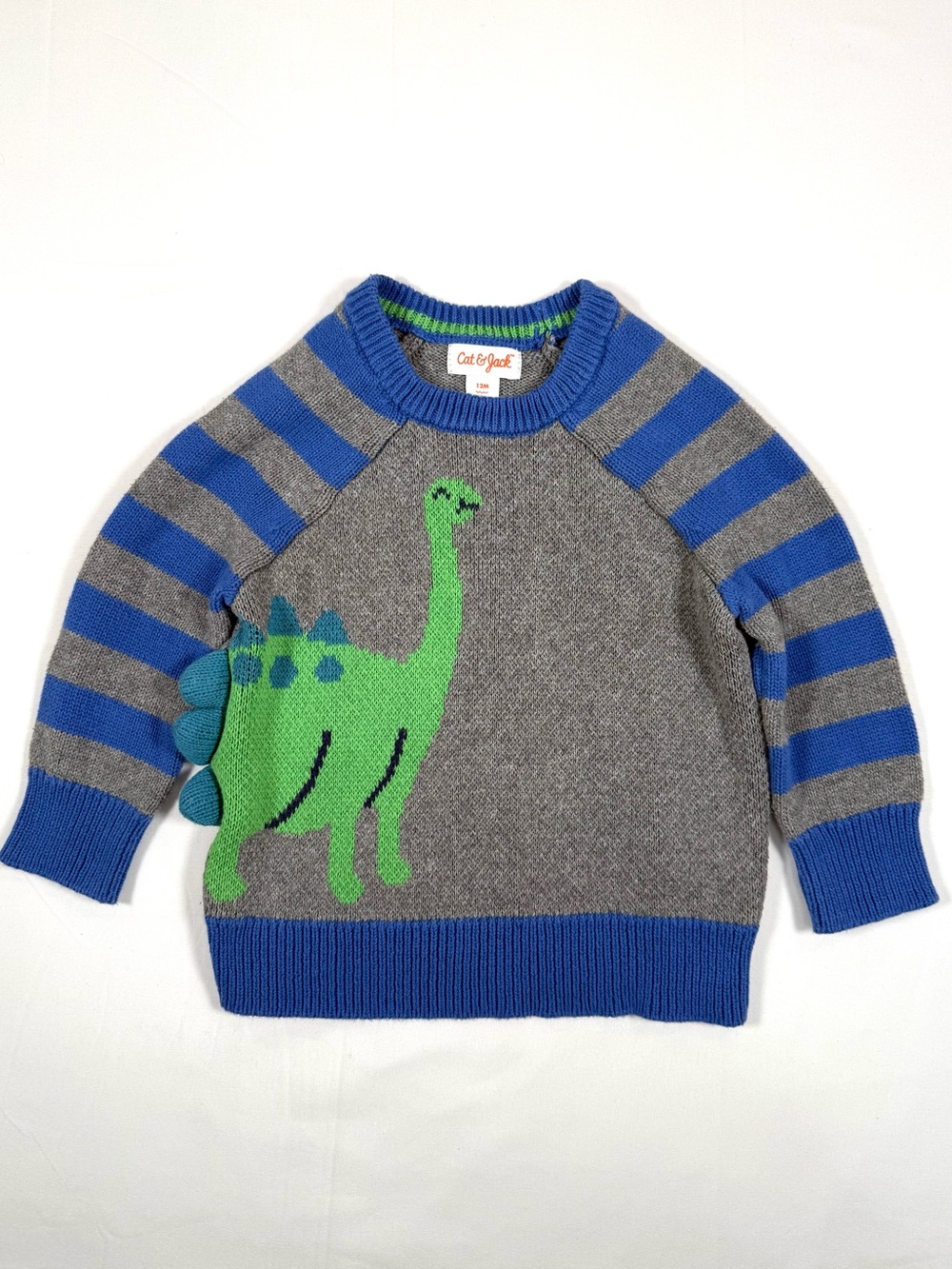 CAT & JACK Boys Dinosaur 3D Spike Knit Sweater 12M Striped Dino Cottagecore Cute